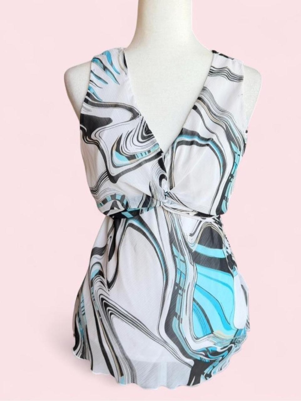 Dressbarn V-Neck Sleeveless Blouse in White, Black & Aqua